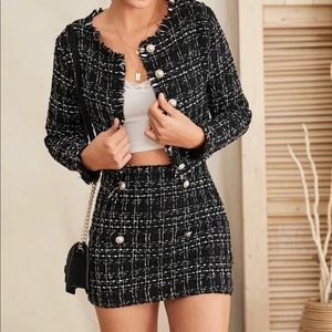 Raw Trim Tweed Jacket & Button Detail Skirt Set